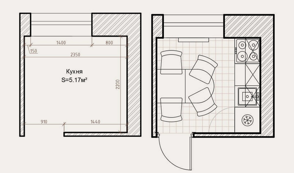 План кухни с размерами 6 м2