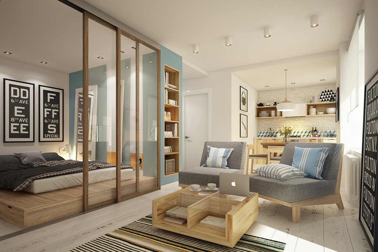 Однокомнатная квартира из прямоугольной студии 36 м² — вариант 2 / 3d