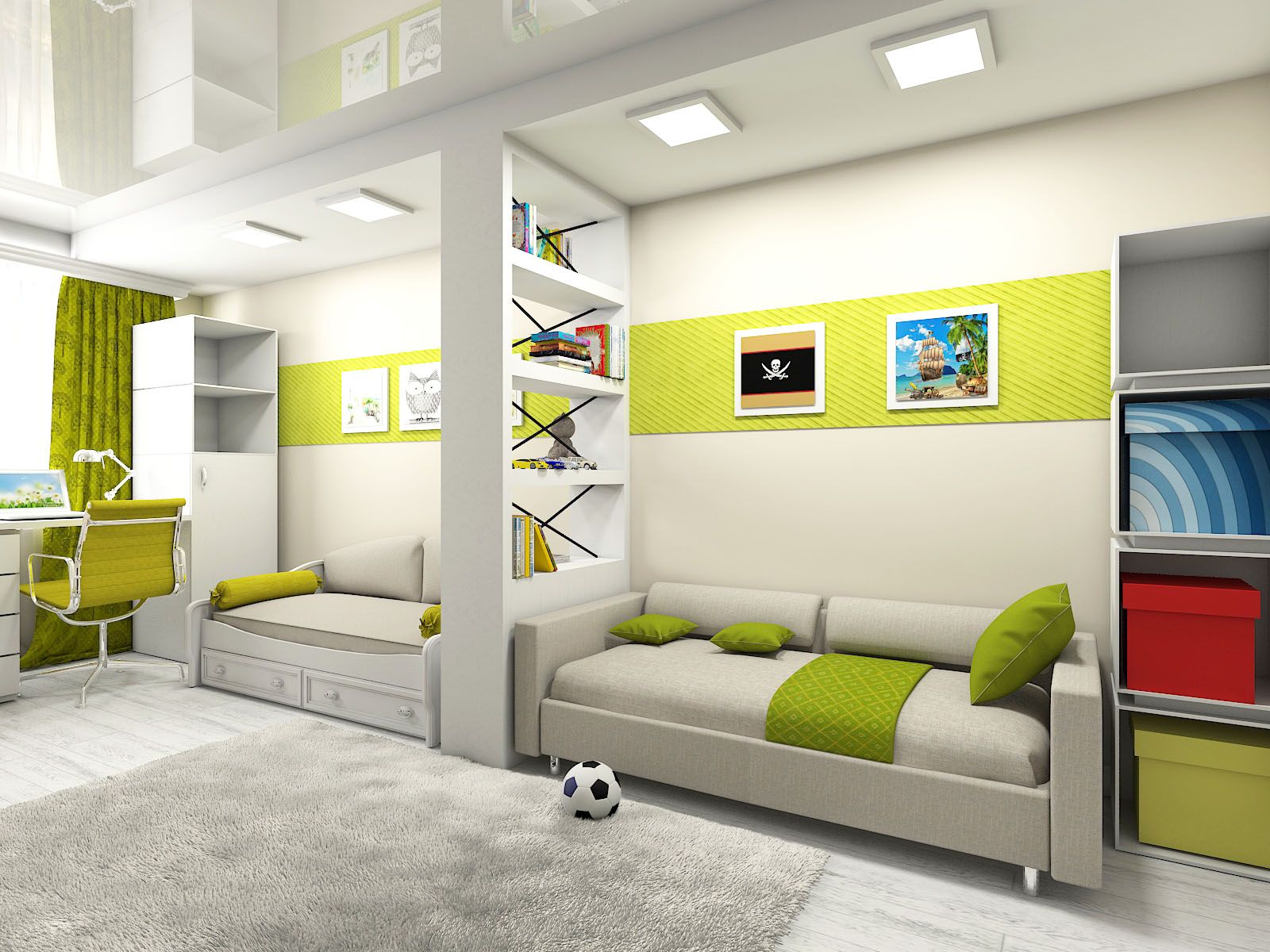 Детская комната для двоих: интерьер с рабочей зоной школьников, кровати в маленькой комнате, идеи дизайна для детей разного возраста
 - 36 фото
