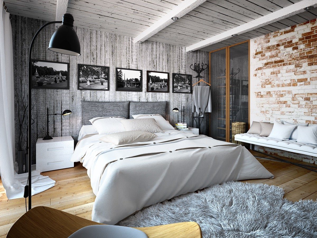 Спальня в стиле лофт белый кирпич фото