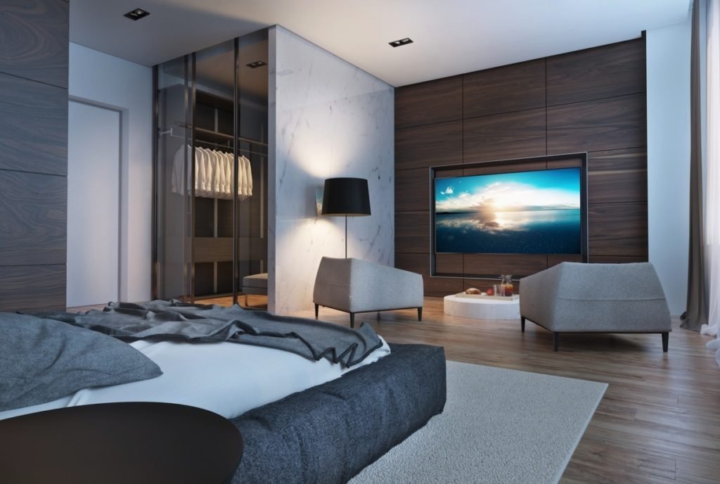 Современная спальня в стиле хай-тек 2021: идеи дизайна, в светлых тонах, с кроватью и гардеробной, особенности интерьера