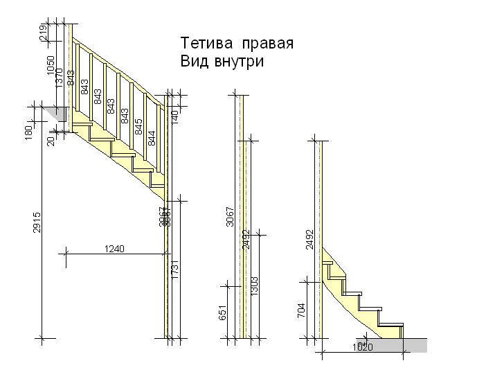 Лестница с поворотом на 180°, с забежными ступенями