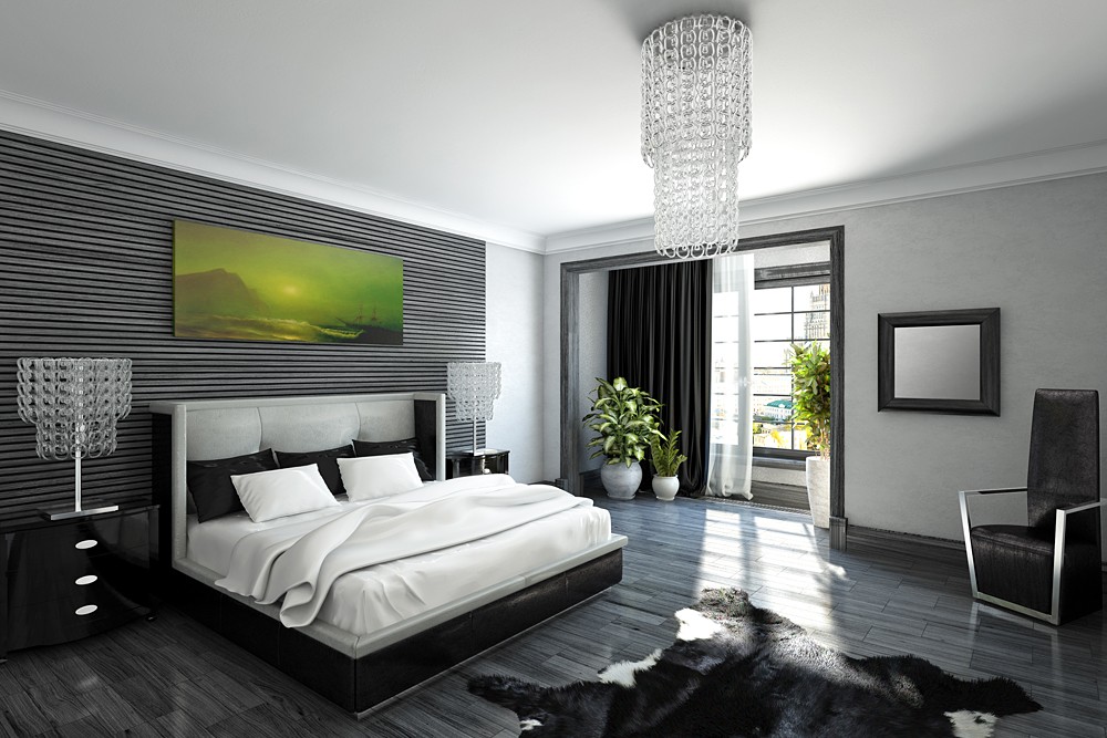 Интерьер спальни в современном стиле в светлых и темных тонах фото