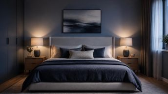 Интерьер спальни в серо-синих тонах