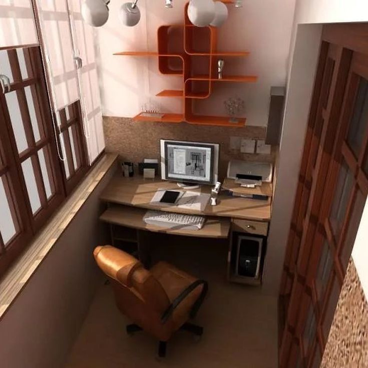 Кабинет на балконе: дизайн с компьютерным столом
 - 15 фото