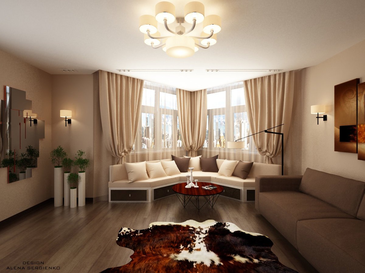 Дизайн гостиной с эркером: 12 вариантов оформления интерьера, освещение и выбор мебели
