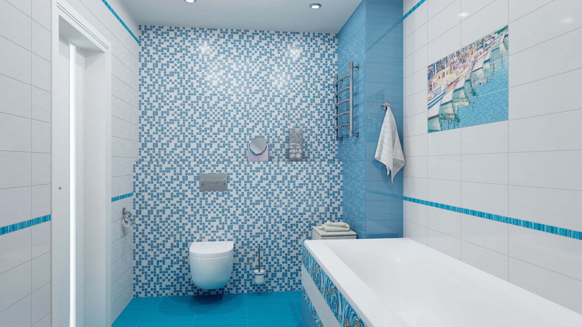 Синяя ванная комната - фото необычного дизайна в нежных тонах