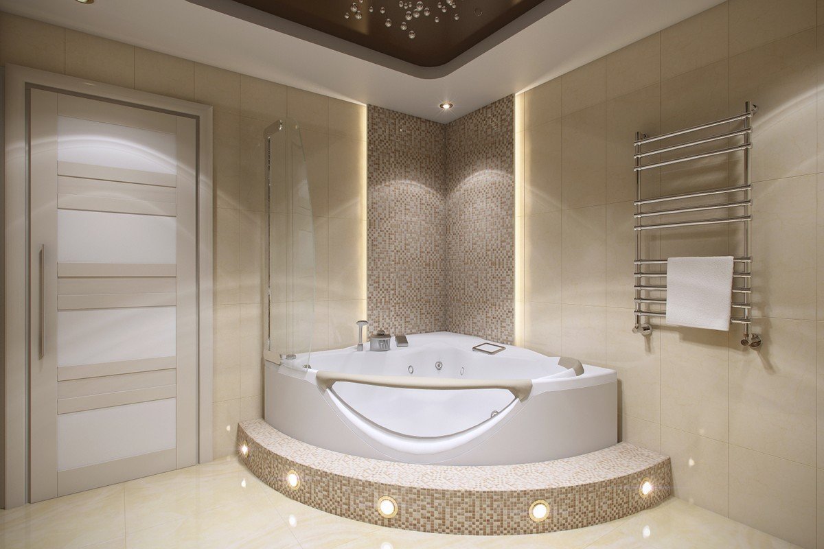 Варианты дизайна ванных комнат с угловой ванной