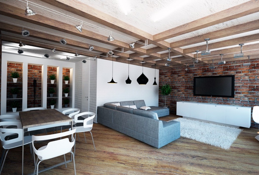 Дизайн интерьера в стиле лофт: отделка стен кухни-гостиной, зала, элементы декора
 - 55 фото
