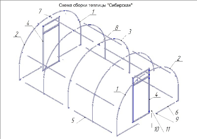 Схема сборки теплицы из поликарбоната 3 на 8