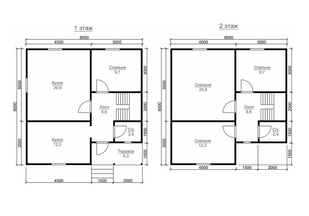Проект дома 8 на 10: планировка с лестницей на второй этаж, одноэтажный на 2 спальни и двухэтажный с котельной