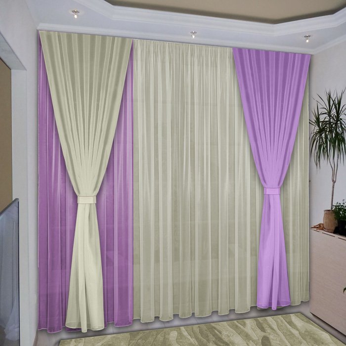 Комбинированные шторы двух цветов и тканей, фото идеи дизайна для гостиной