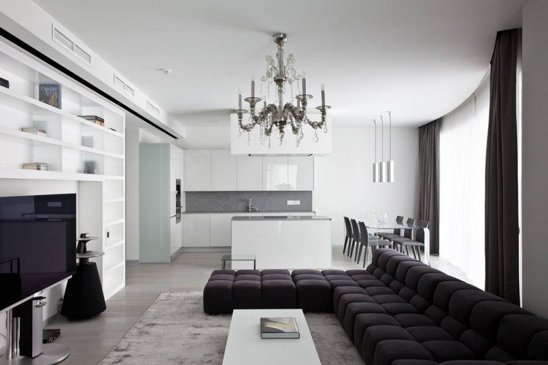 Черно-белый интерьер гостиной: как выбрать отделку и мебель, подобрать аксессуары