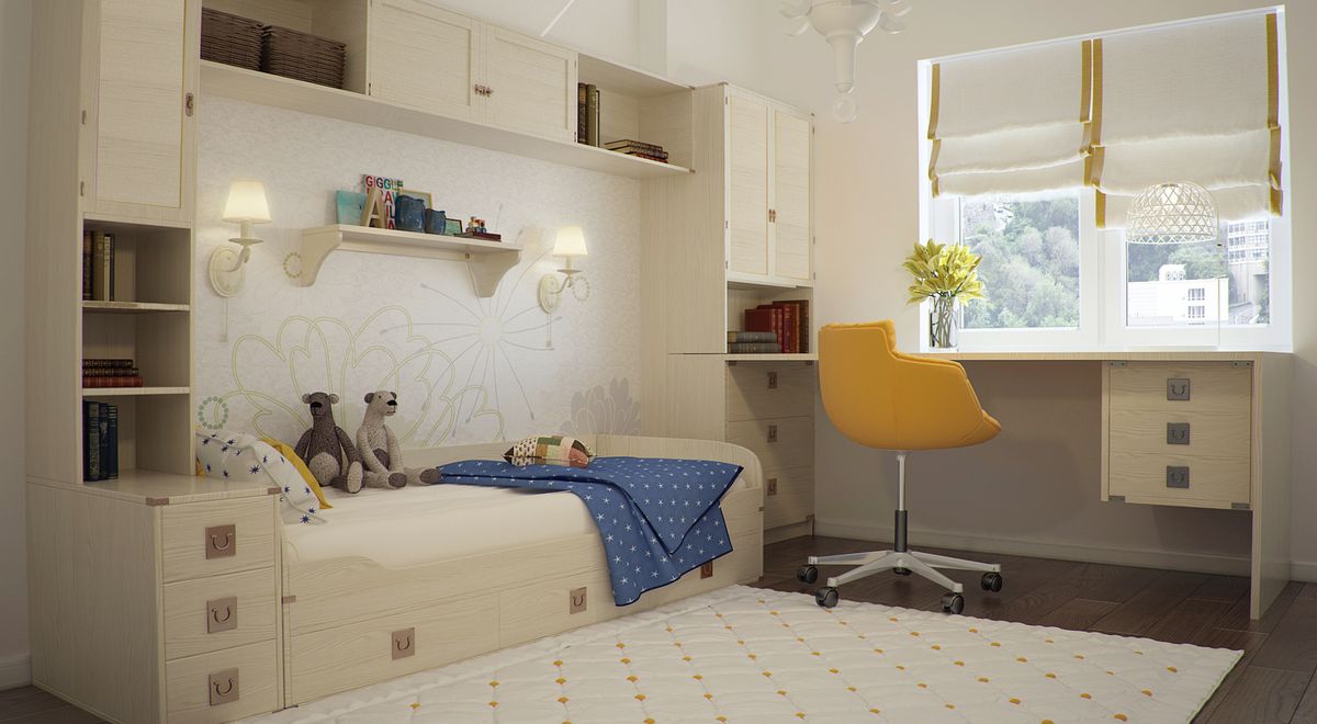 Дизайн детской комнаты с двухъярусной кроватью и письменным столом у окна фото