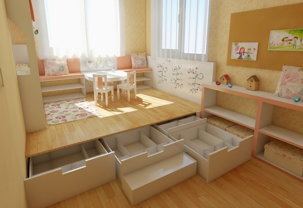 Подиум в детской комнате с выдвижными кроватями для двоих детей: идеи дизайна | дизайн и фото
