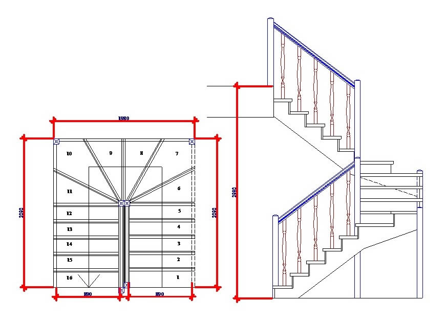 Чертеж лестницы с забежными ступенями на 180 градусов