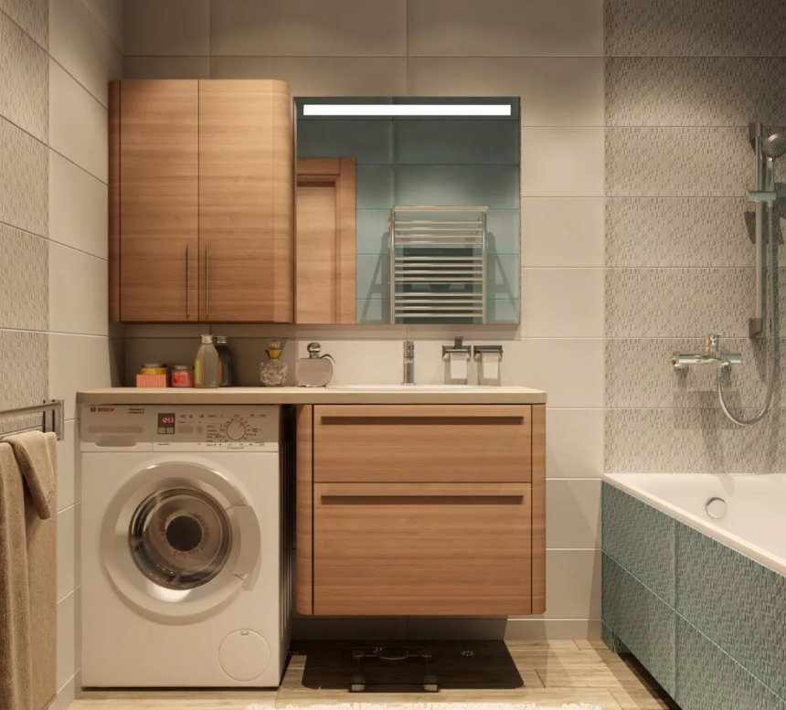 Маленькая ванная комната с душевой кабиной и стиральной машиной — варианты расположения
