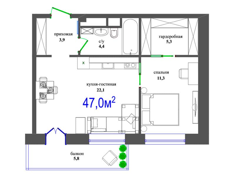 Проект дизайн квартиры 47 кв м фото