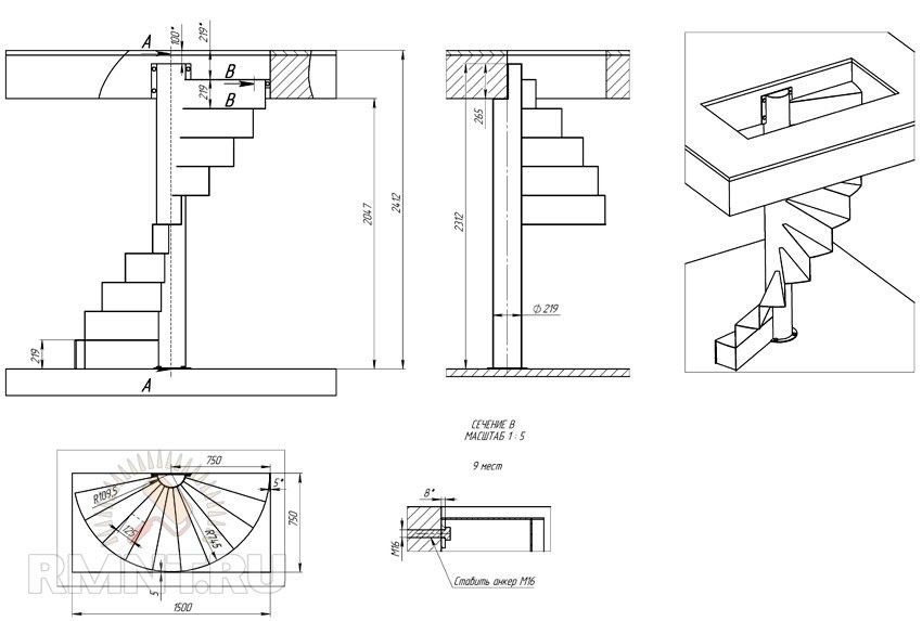 Размеры винтовой лестницы на второй этаж в частном доме чертеж