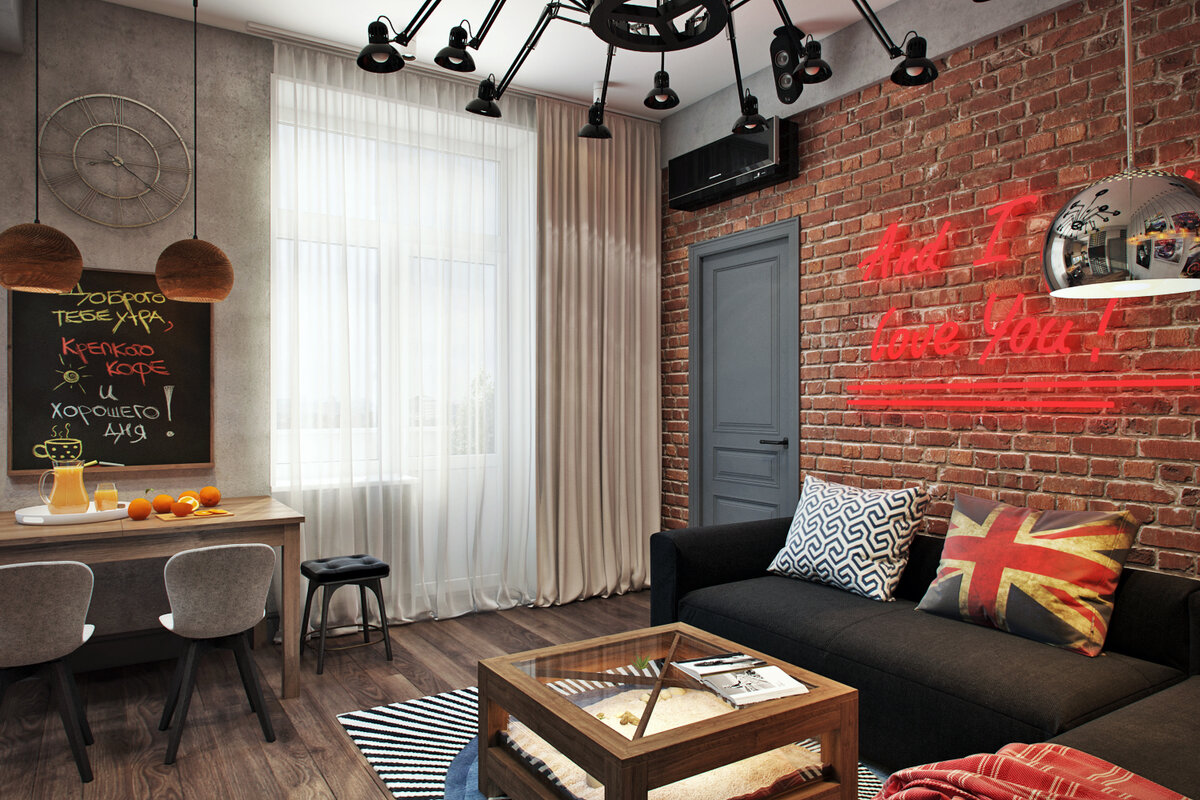 Дизайн гостиной в стиле лофт:  58 фото в интерьере