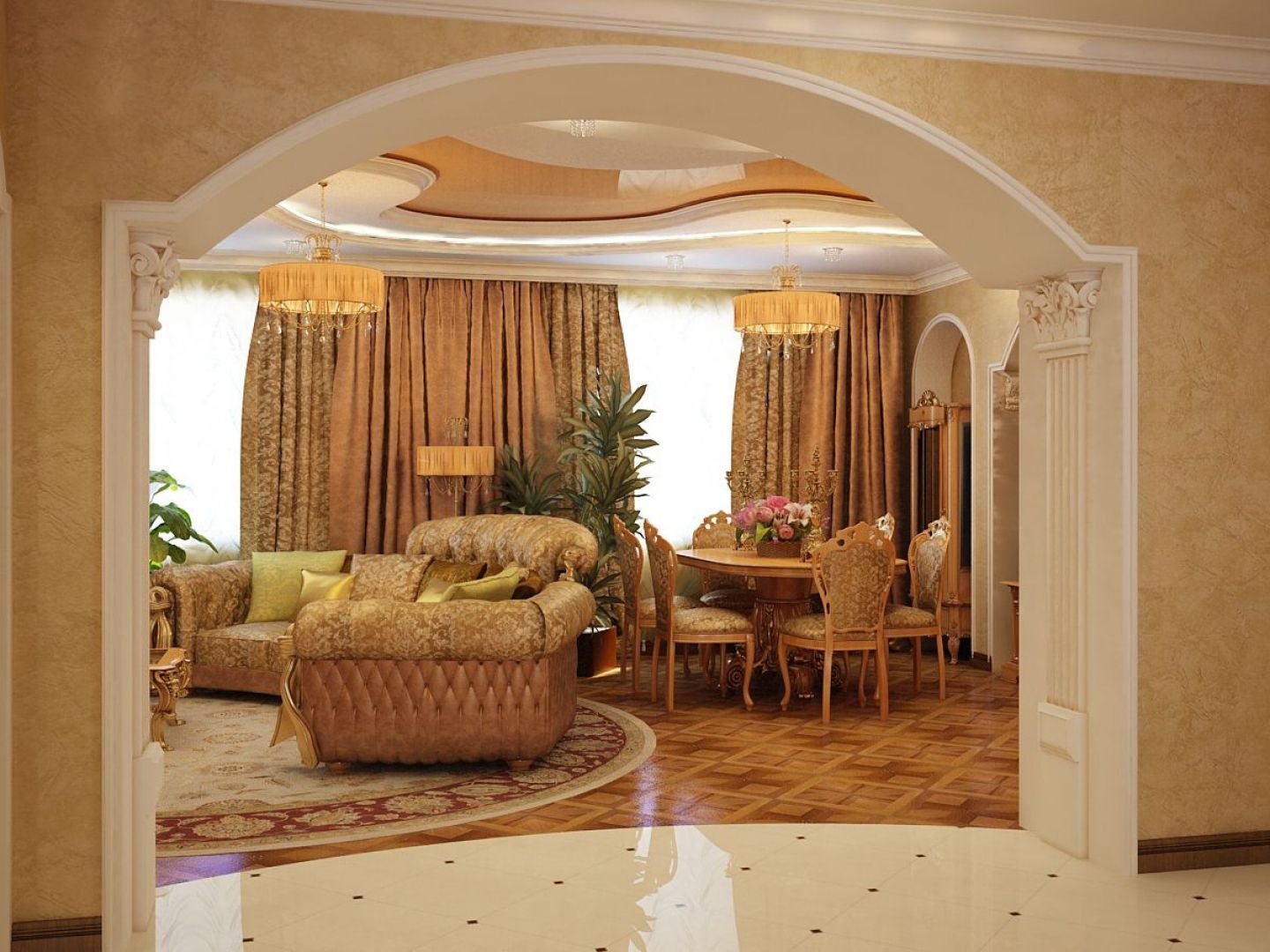 Примеры дизайна интерьера зала с арками из гипсокартона
