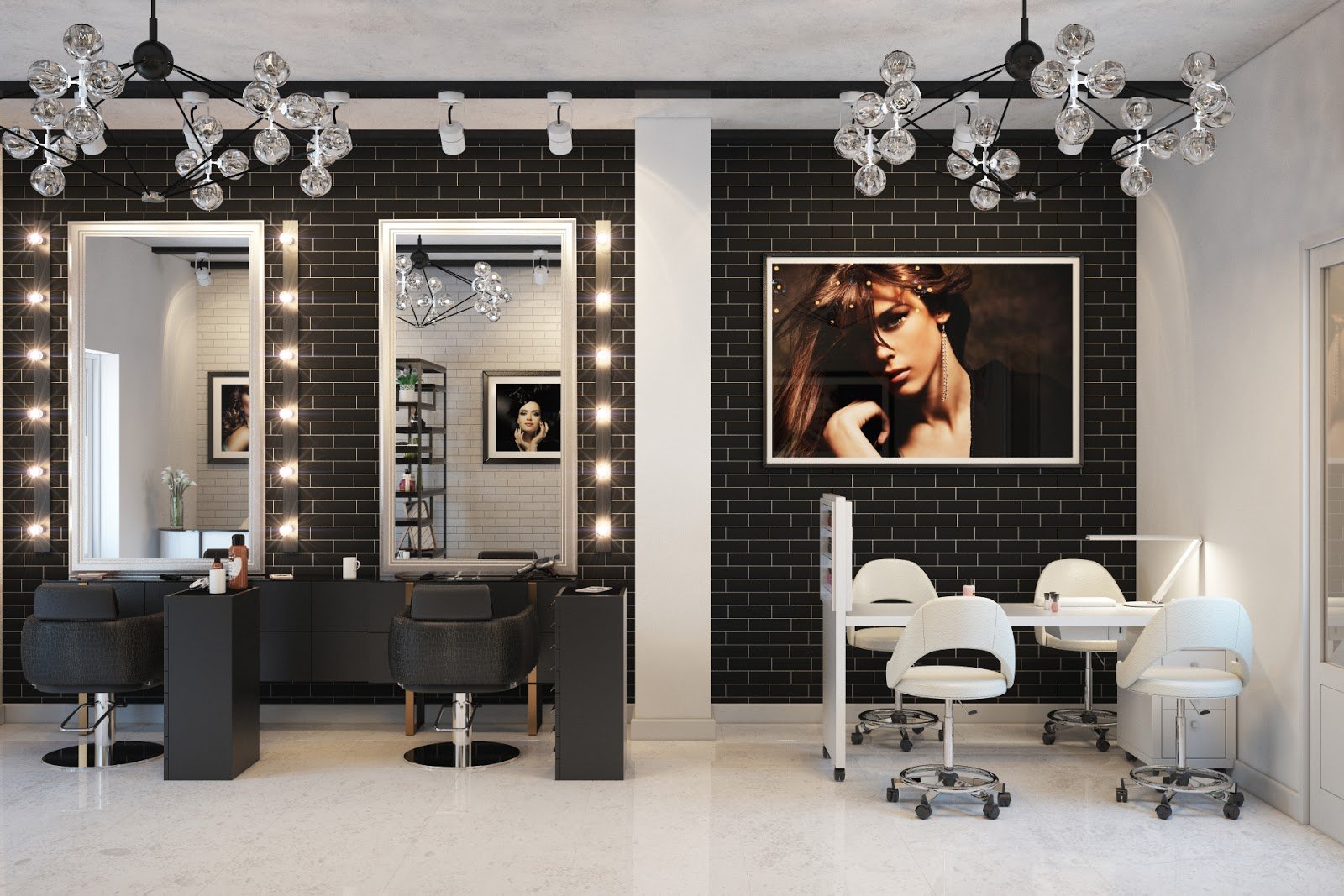 Дизайн интерьера салона красоты, парикмахерской маленькой площади и маникюрного кабинета в белом цвете - 34 фото
