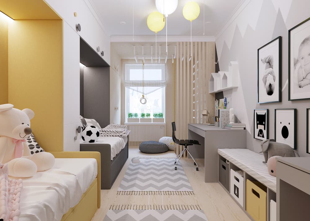 Дизайн детской комнаты 14 кв. м для двоих разнополых детей в современном стиле - 33 фото | дизайн и фото