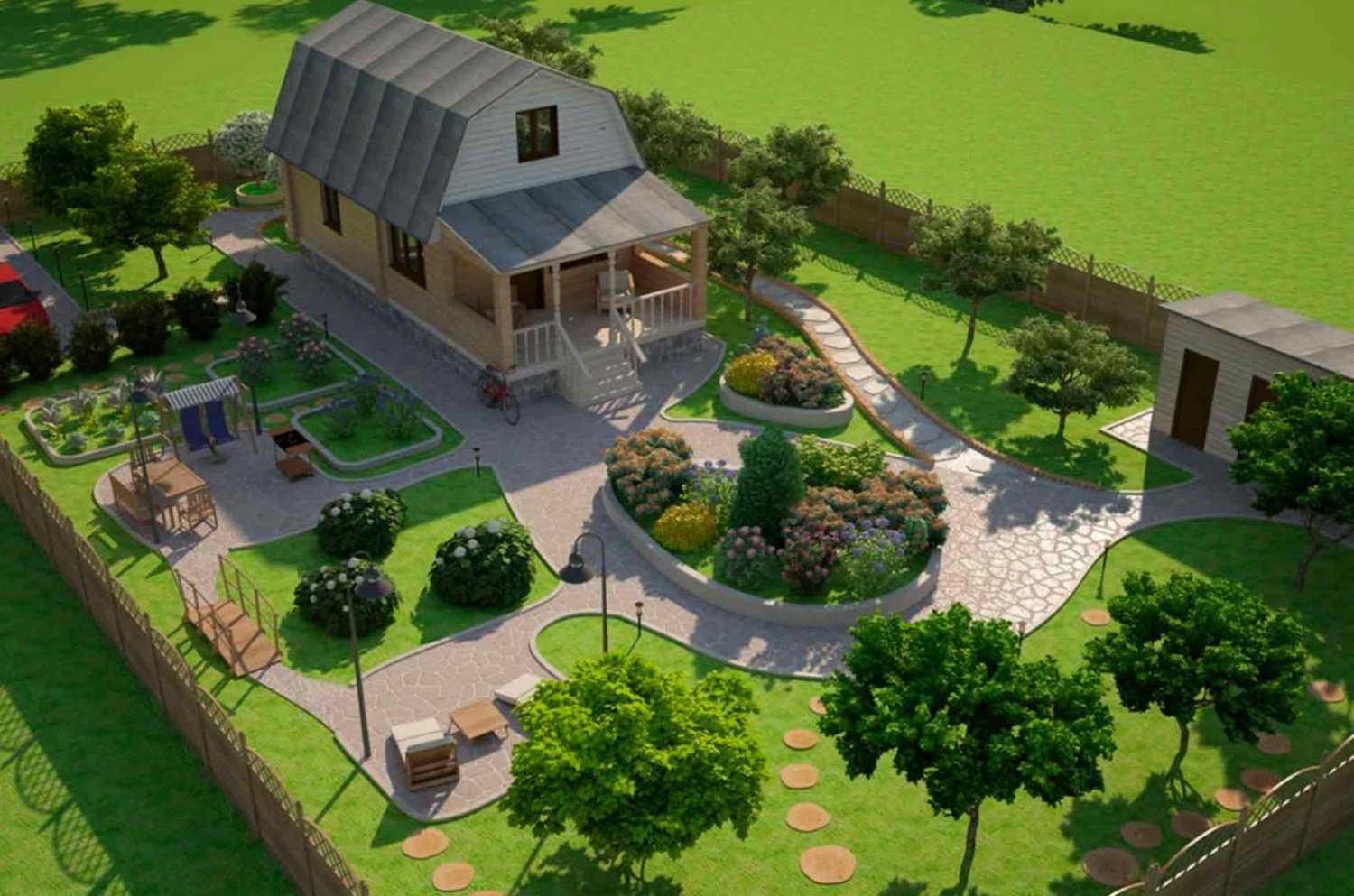 Ландшафтный дизайн дачного участка 5 соток: оформление двора загородного дома своими руками, фото и примеры декора прямоугольной территории с огородом