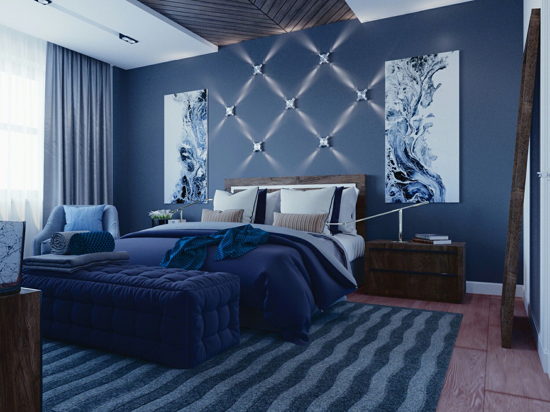синие стены в интерьере спальни