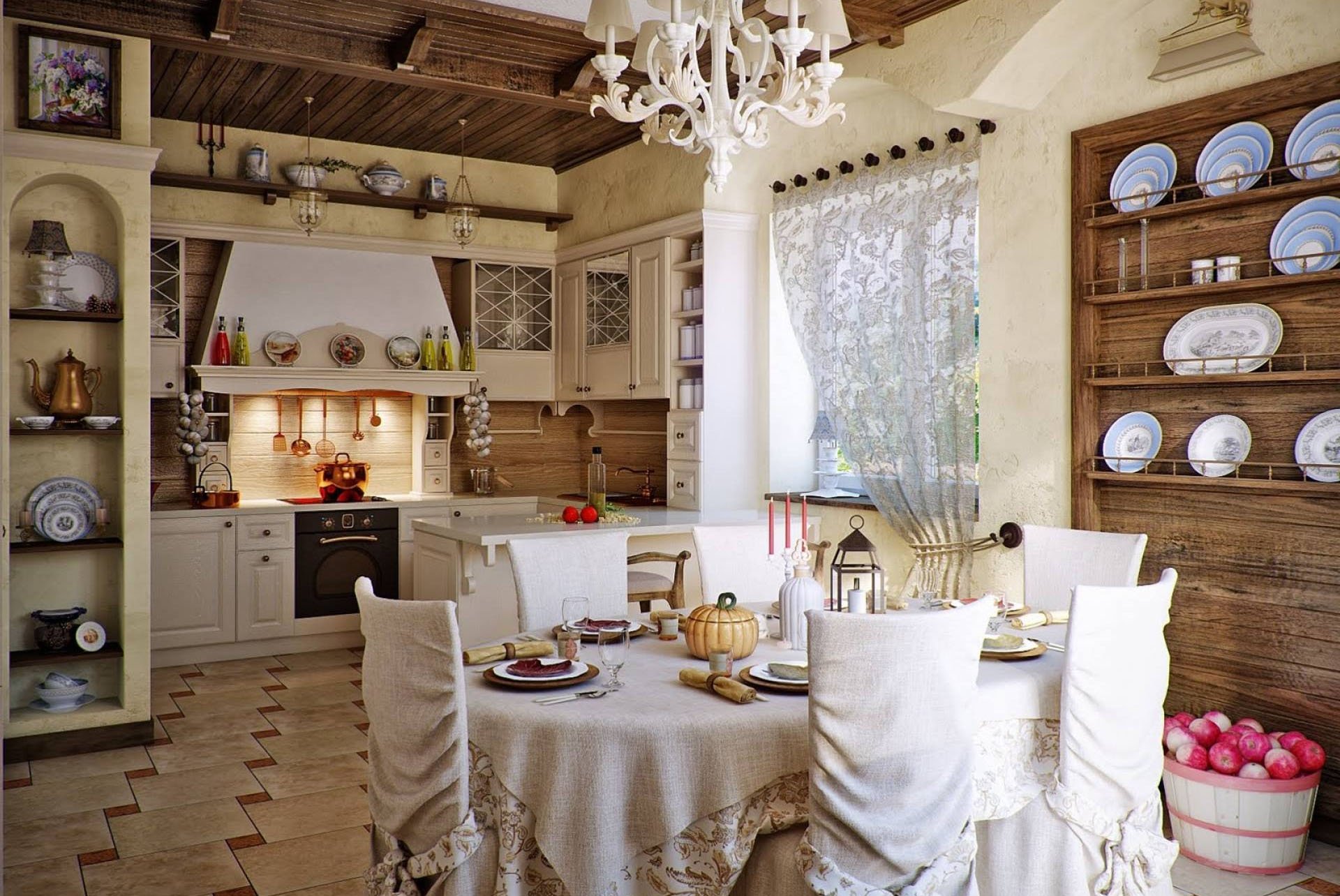 кухня с гостиной в деревенском стиле