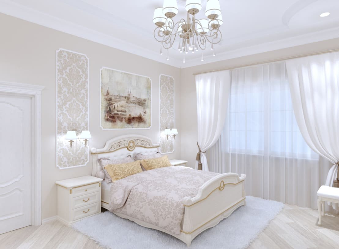 белая классическая спальня в интерьере