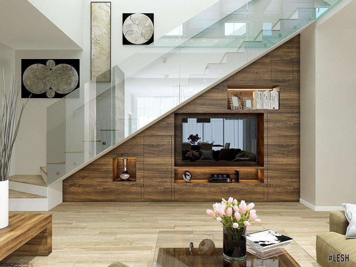 Реализация дизайна гостиной с лестницей на второй этаж