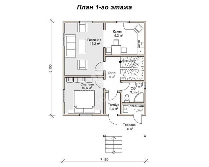 Планировка дома 8 на 8: отличный проект деревянного двухэтажного дома с двумя спальнями
 - 26 фото