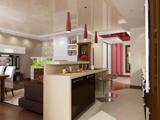 Практичный дизайн кухни, совмещенной с гостиной: фото с барной стойкой