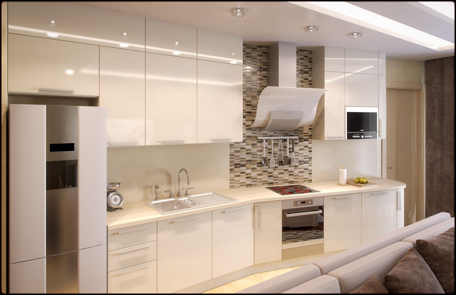 Дизайн кухни в современном стиле в светлых тонах: угловая, с фартуком из плитки, с барными стойками, 8 кв.м, 10 кв.м, 12 кв.м, 16 кв.м