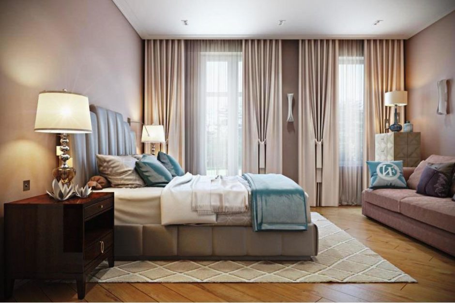 Спальня с двумя окнами на одной и разных стенах. 30 фото дизайна
