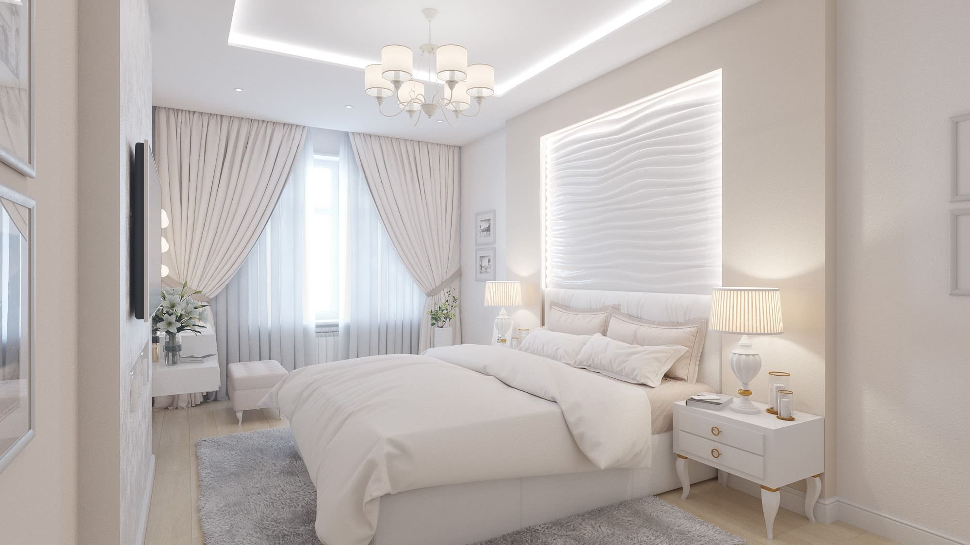 Дизайн спальной комнаты в светлых тонах и современном стиле с фото