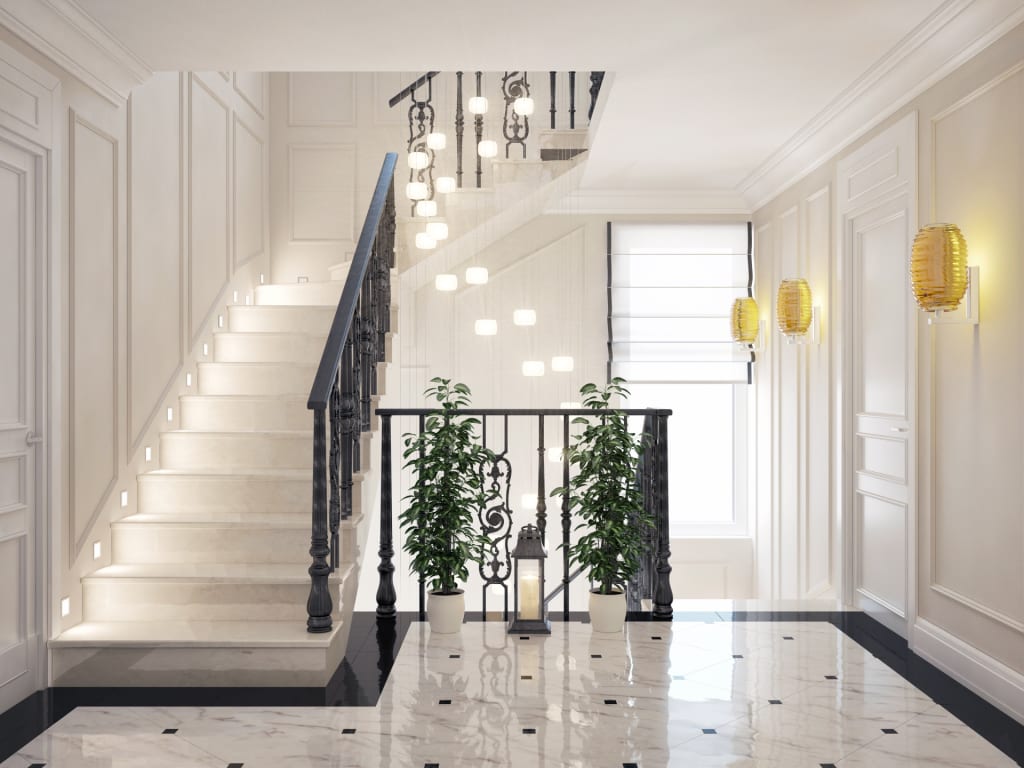 Дизайн холла с лестницей в частном доме (77 фото): интерьер лестничных пролетов на второй этаж, обои для отделки потолка