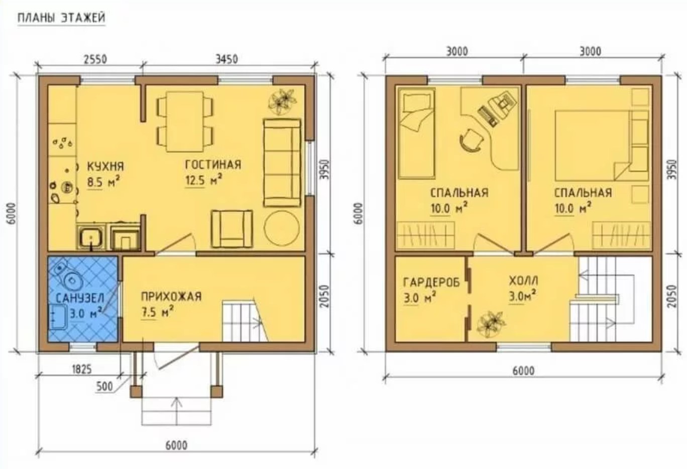 планировка дома с одной комнатой на втором этаже