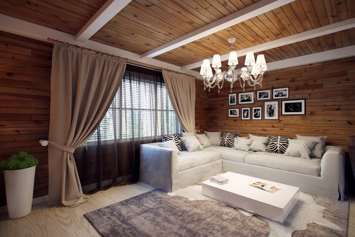 Дизайн гостиной в деревянном доме — 25 фото