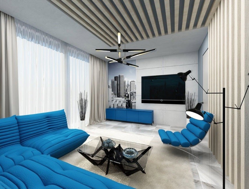 Синий диван в интерьере гостиной: 40 фото интерьеров в городской квартире