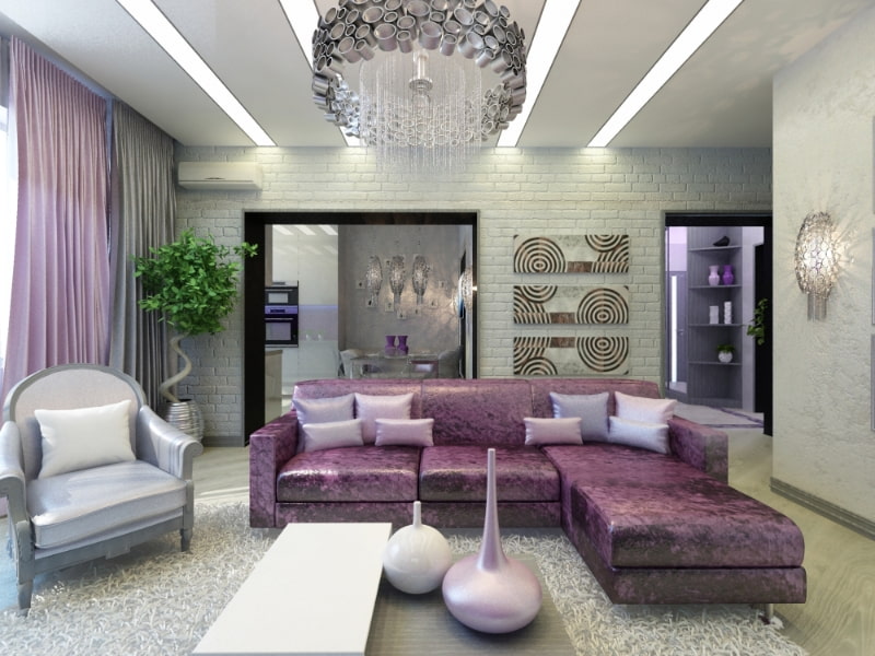Фиолетовый диван в интерьере в гостиной: 50 фото интерьеров гостиных