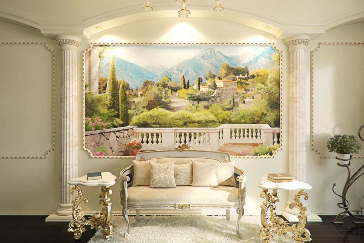 Фрески в интерьере гостиной комнаты — 52 фото вариантов