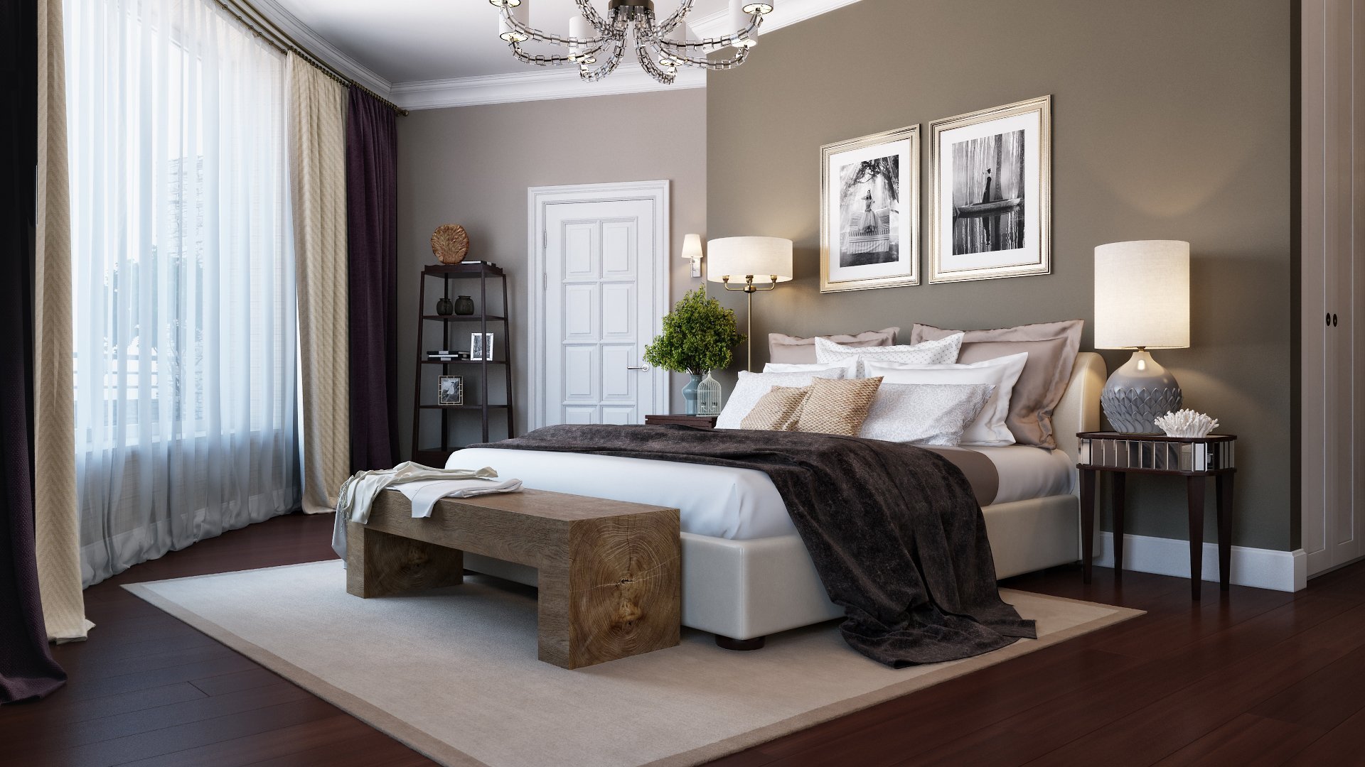 сочетание серого и коричневого в интерьере спальни