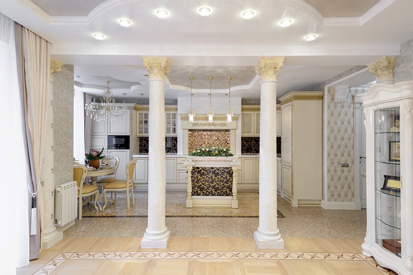 Колонны в интерьере гостиной, зала: дизайн в доме, гипсовые фальш-колонны - 39 фото