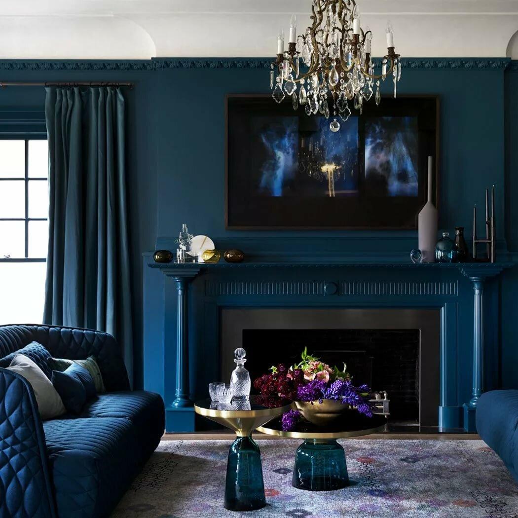 синий цвет в интерьере гостиной фото